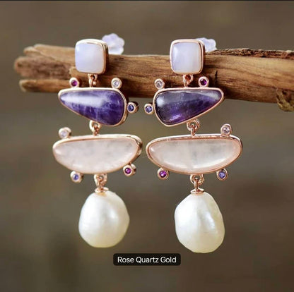 Nye MICCI BOHEMIAN DESIGN natural Long Drop Ametyst, Rose Quartz, Øredobber, 45x20mm 24KGold Electroplated