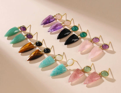 Nye MICCI DESIGN natural Malachite + Tiger Eye Øredobber, 32x10mm 24k Gold Electroplated