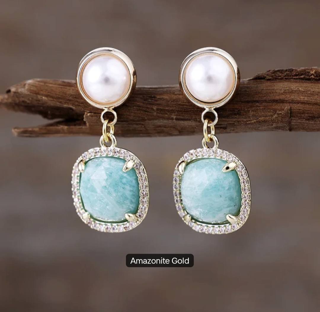 Nye MICCI Classic DESIGN natural Drop Amazonite Øredobber, 30x20mm 24KGold Electroplated