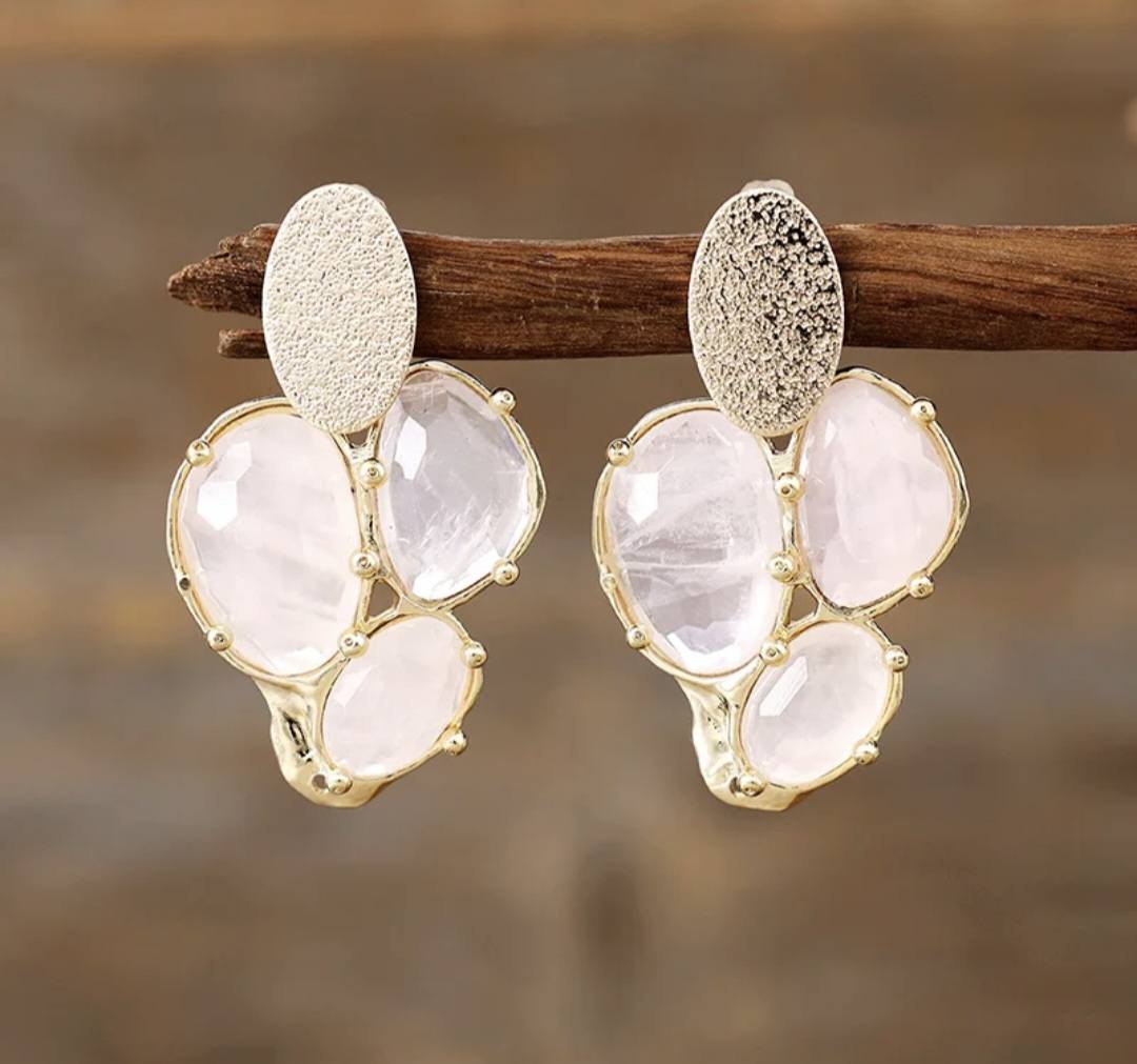 Nye MICCI Classic DESIGN natural Tre Stone ROSE QUARTZ Øredobber, 30x20mm 24KGold Electroplate