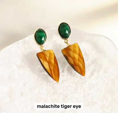 Nye MICCI DESIGN natural Malachite + Tiger Eye Øredobber, 32x10mm 24k Gold Electroplated