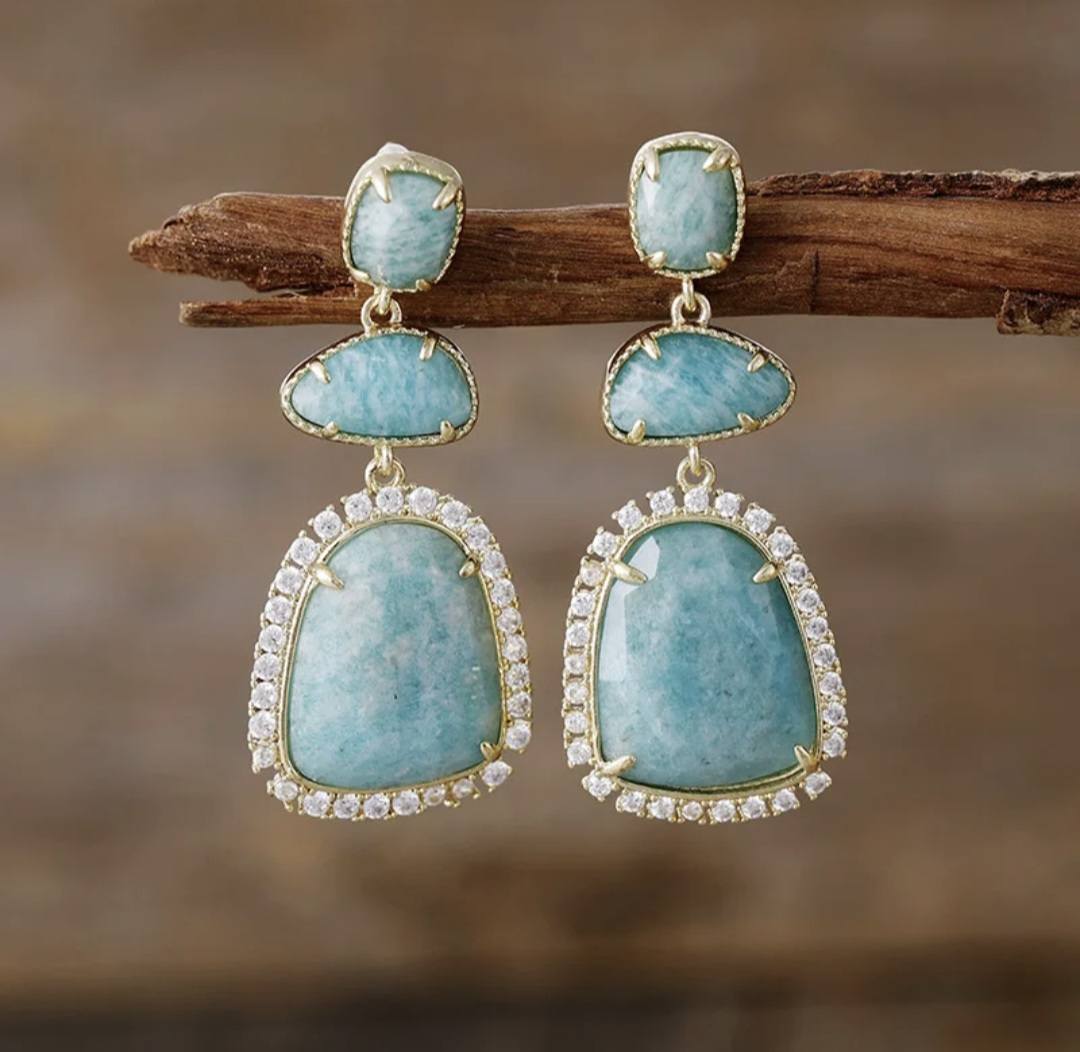 Nye MICCI CLASSIC DESIGN natural Drop Amazonite, Perle Øredobber, 40x20mm 24KGold Electroplated