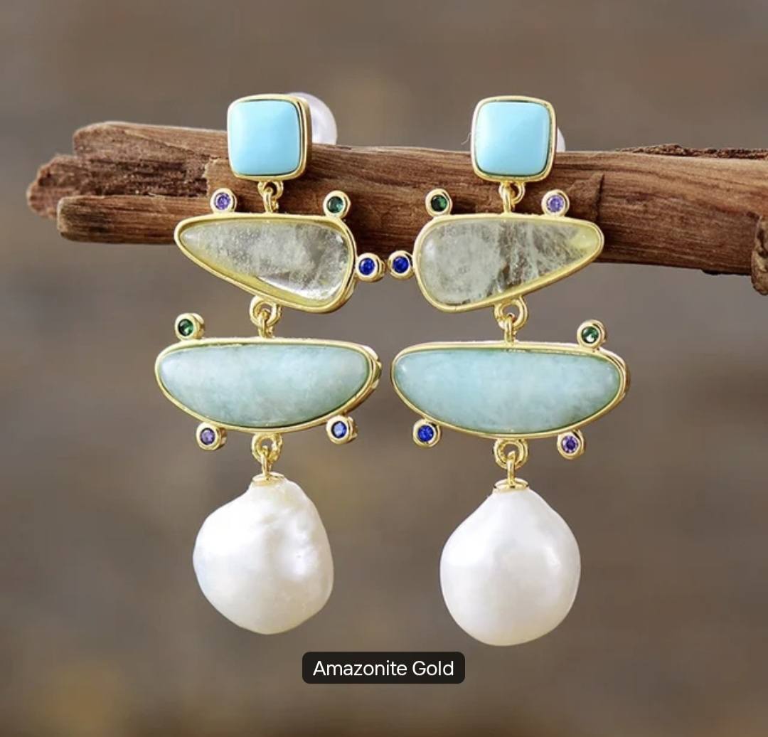 Nye MICCI BOHEMIAN DESIGN natural Long Drop Amazonite, Light Green Quartz, Pearl Øredobber, 45x20mm 24KGold Electroplated