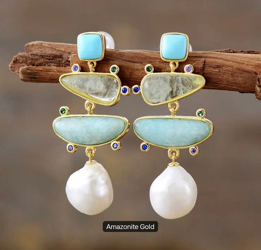 Nye MICCI BOHEMIAN DESIGN natural Long Drop Amazonite, Light Green Quartz, Pearl Øredobber, 45x20mm 24KGold Electroplated