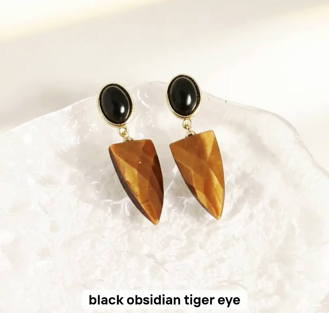 Nye MICCI DESIGN natural Black Obsidian + Tiger Eye Øredobber, 32x10mm 24k Gold Electroplated