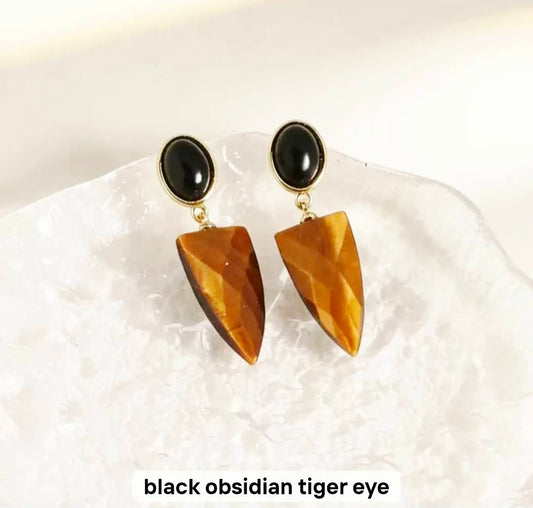 Nye MICCI DESIGN natural Black Obsidian + Tiger Eye Øredobber, 32x10mm 24k Gold Electroplated