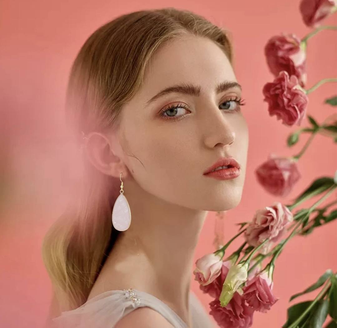 Nye MICCI DESIGN natural Rose Quartz Øredobber, 55mm Gold Electroplated