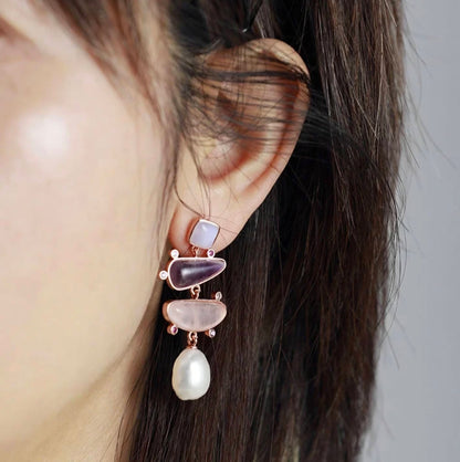 Nye MICCI BOHEMIAN DESIGN natural Long Drop Ametyst, Rose Quartz, Øredobber, 45x20mm 24KGold Electroplated