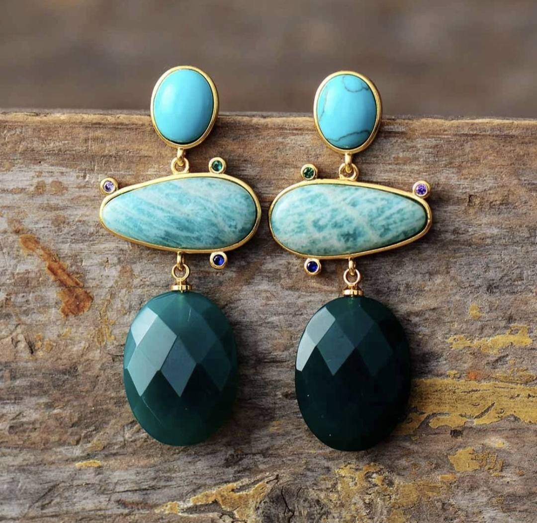 Nye MICCI BOHEMIAN DESIGN natural Long Drop Amazonite, Green AGAT, Turkis Øredobber, 45x20mm 24KGold Electroplated