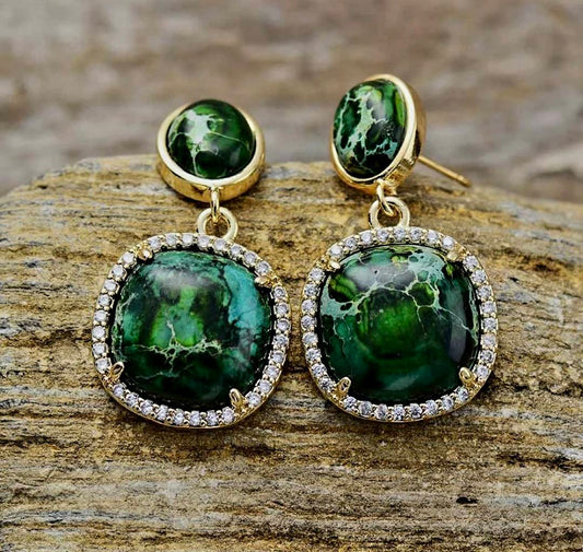 Nye MICCI Classic DESIGN Green JASPER Øredobber, 30x20mm 24KGold Electroplated