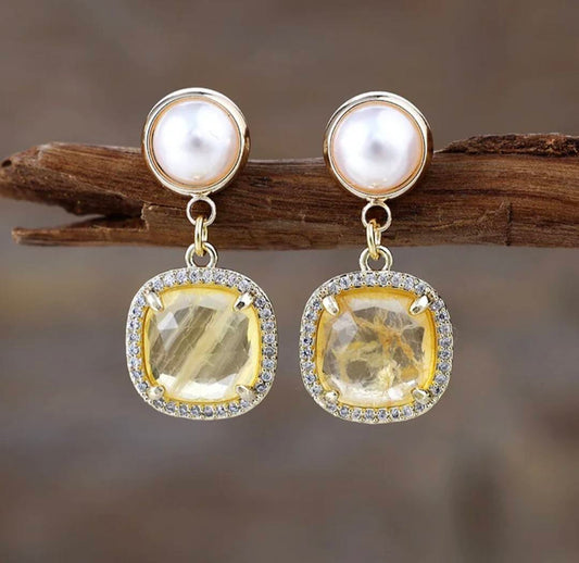 Nye MICCI Classic DESIGN natural Drop Yellow Quartz Øredobber, 30x20mm 24KGold Electroplated