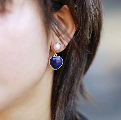 Nye MICCI CLASSIC DESIGN natural Blue LAPIS LAZULI QUARTZ, Perle Øredobber, 30x20mm 24KGold Electroplated