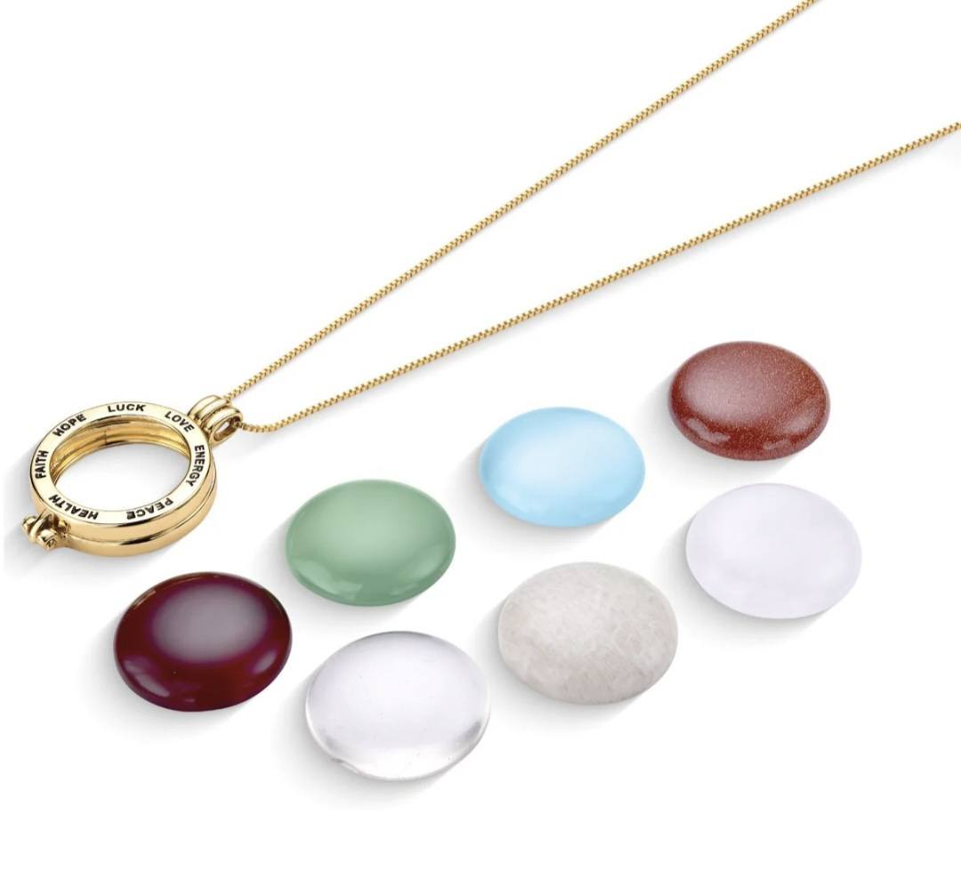 Locket w/ 7 Interchangeable Gemstones 18K Gold Plated Necklace, Faith, Hope, Luck, Love, Energy, Peace , Health