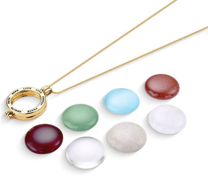 Locket w/ 7 Interchangeable Gemstones 18K Gold Plated Necklace, Faith, Hope, Luck, Love, Energy, Peace , Health