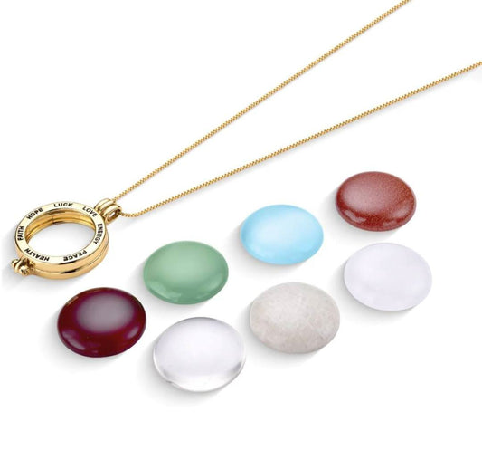 Locket w/ 7 Interchangeable Gemstones 18K Gold Plated Necklace, Faith, Hope, Luck, Love, Energy, Peace , Health