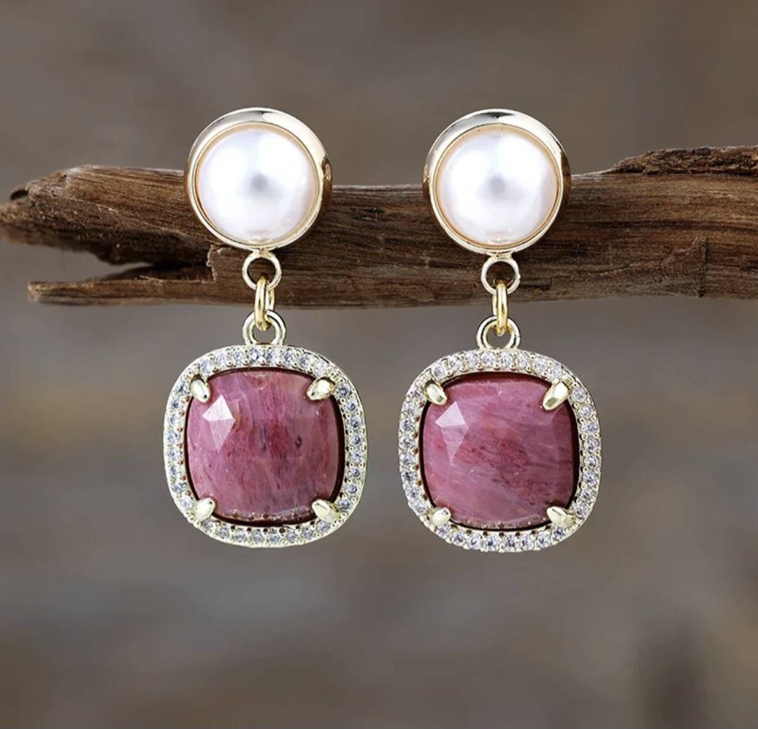 Nye MICCI Classic DESIGN natural Drop Rhodonite Øredobber, 30x20mm 24KGold Electroplated