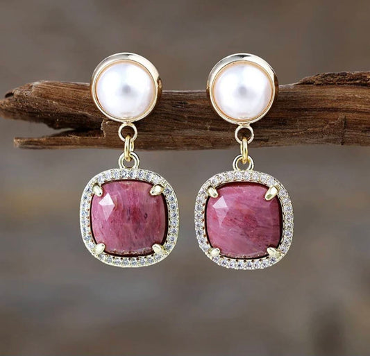 Nye MICCI Classic DESIGN natural Drop Rhodonite Øredobber, 30x20mm 24KGold Electroplated