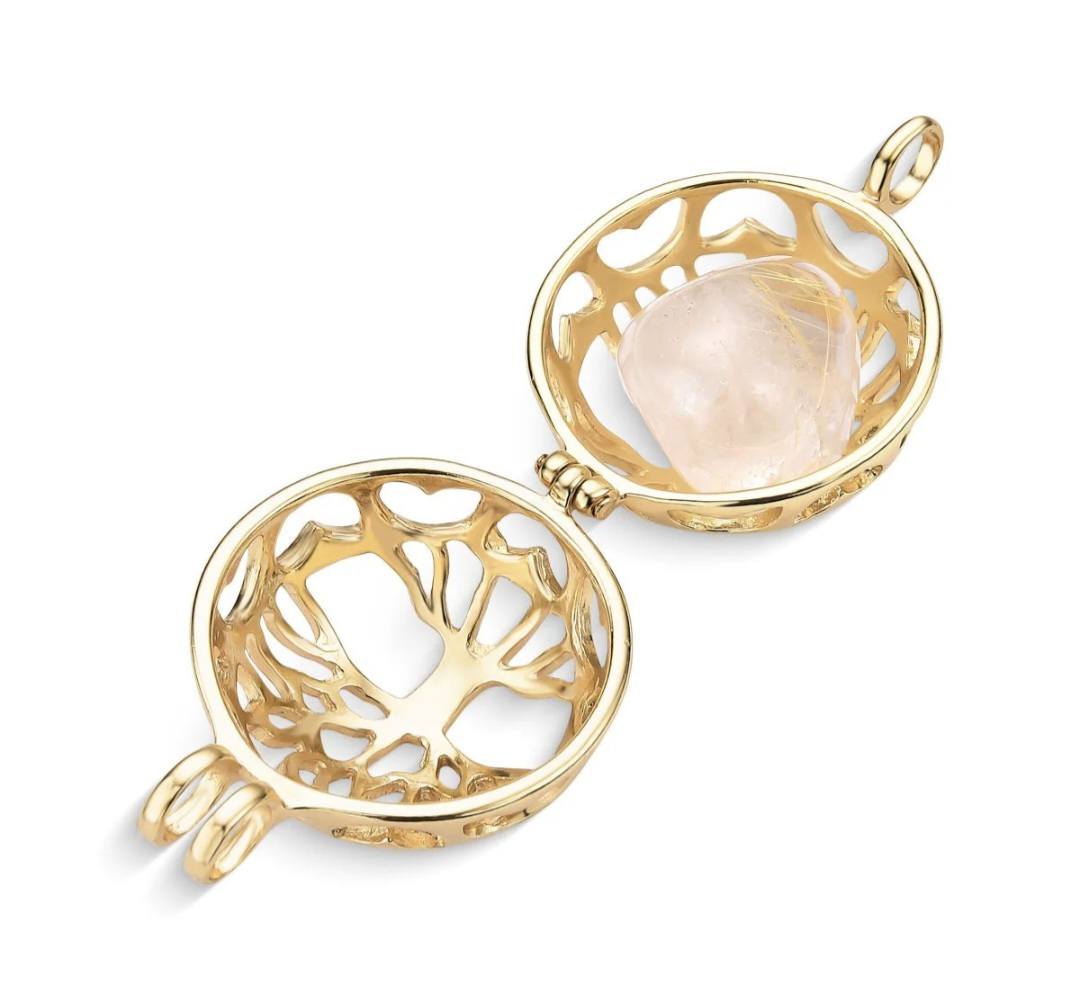 New BrazilGem 18K Goldplated Necklace w/ "Tree of Life" Case and 7 natural stones