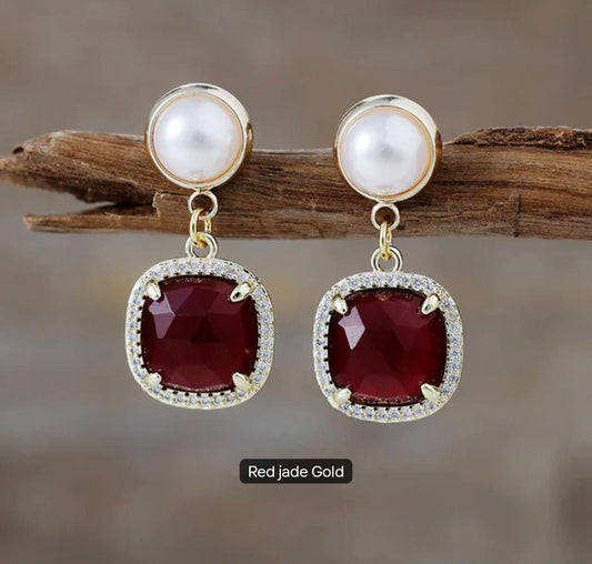 Nye MICCI Classic DESIGN natural Drop Red JADE Øredobber, 30x20mm 24KGold Electroplated