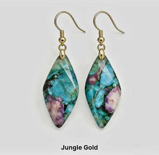 Nye MICCI BOHEMIAN "JUNGLE" DESIGN natural stone Øredobber, 30x20mm 24KGold Electroplated