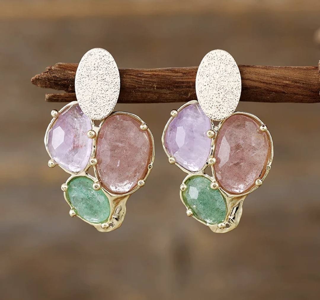 Nye MICCI Classic DESIGN natural Tree stone Colored QUARTZ Øredobber, 30x20mm 24KGold Electroplate
