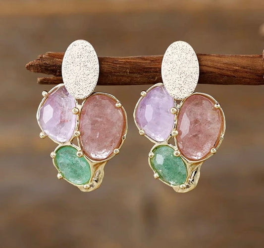 Nye MICCI Classic DESIGN natural Tree stone Colored QUARTZ Øredobber, 30x20mm 24KGold Electroplate