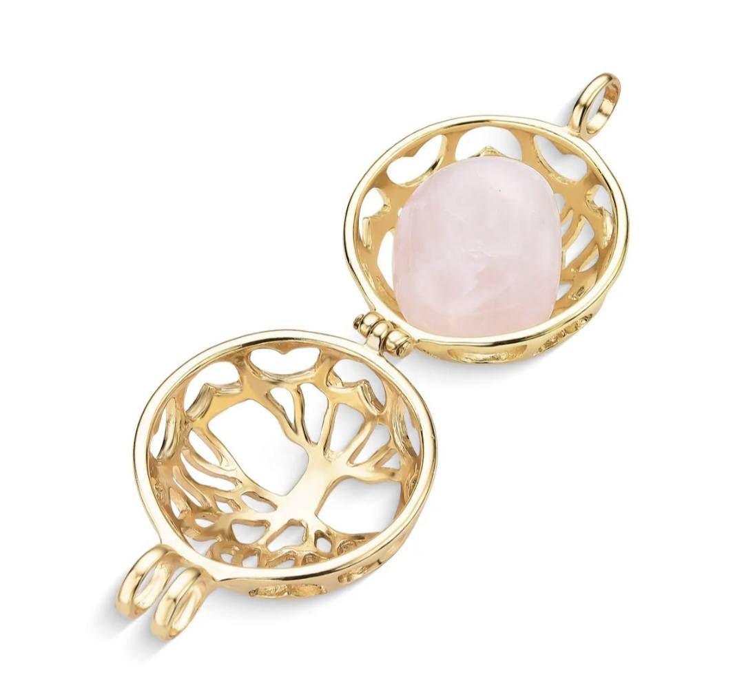 New BrazilGem 18K Goldplated Necklace w/ "Tree of Life" Case and 7 natural stones