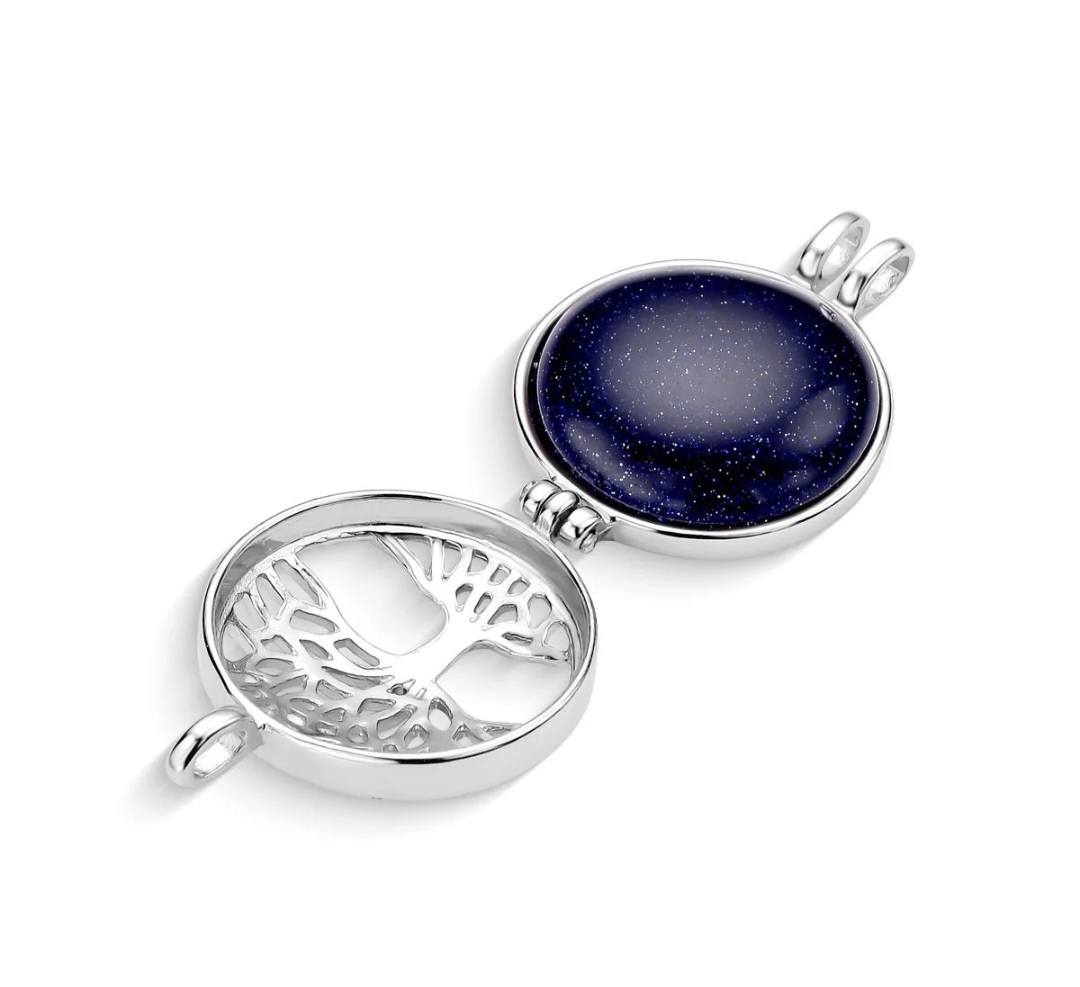 Sterling Silver Round Tree of Life Locket w/ 7 Interchangeable Gemstones Necklace