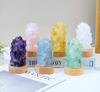10cm håndlaget Rose Quartz Råstens Led lampe på trebase m/usb ledning
