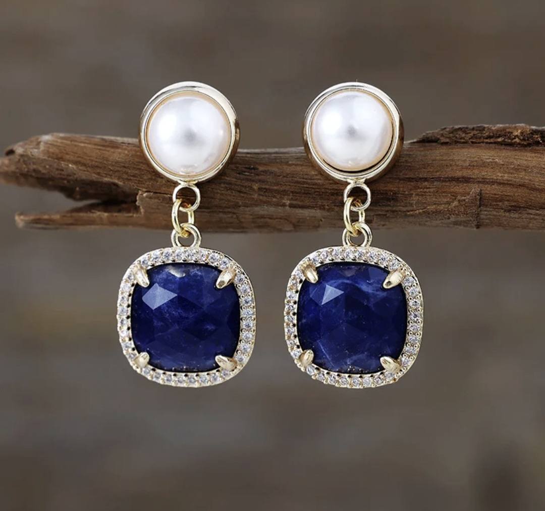 Nye MICCI Classic DESIGN natural Drop Sodalite Øredobber, 30x20mm 24KGold Electroplated