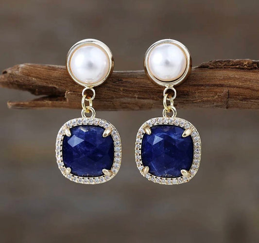 Nye MICCI Classic DESIGN natural Drop Sodalite Øredobber, 30x20mm 24KGold Electroplated