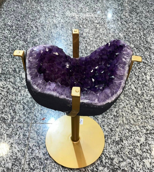 KAMPANJE / Extra Plus Amethyst Geode Cluster SOFA Table Gold Metal Frame Table w/Druzy big Cluster, ca. 10kg - 31x24cm, Høyde 45cm