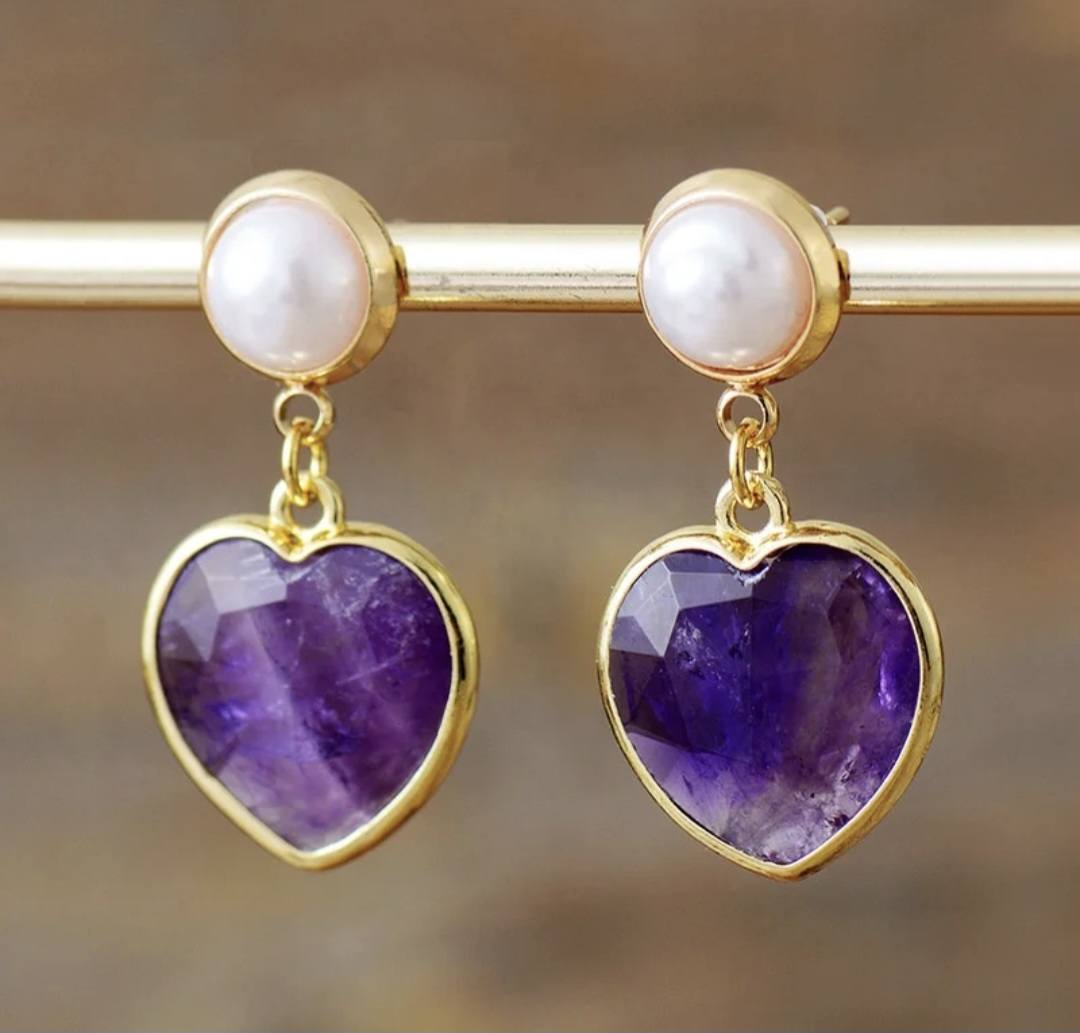 Nye MICCI CLASSIC DESIGN natural Drop Ametyst, Perle Øredobber, 30x20mm 24KGold Electroplated