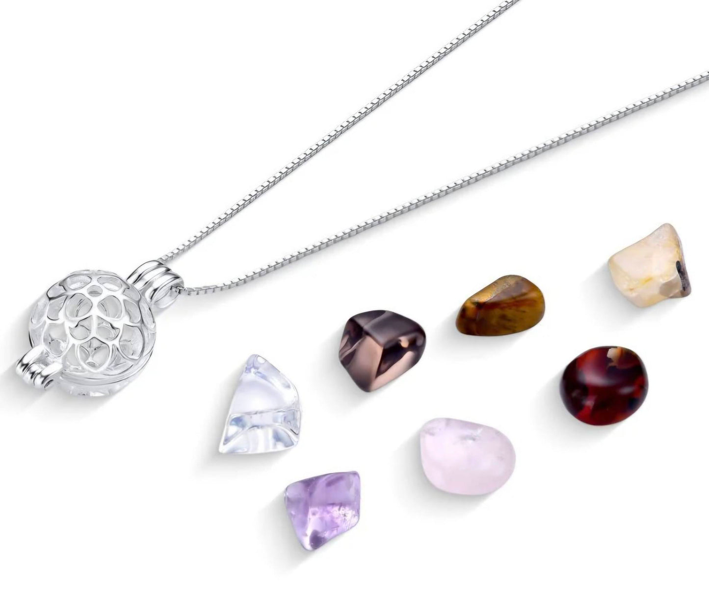 New BrazilGem 925s Sterling Silver Necklace w/ "Tree of Life" Case and 7 natural stones