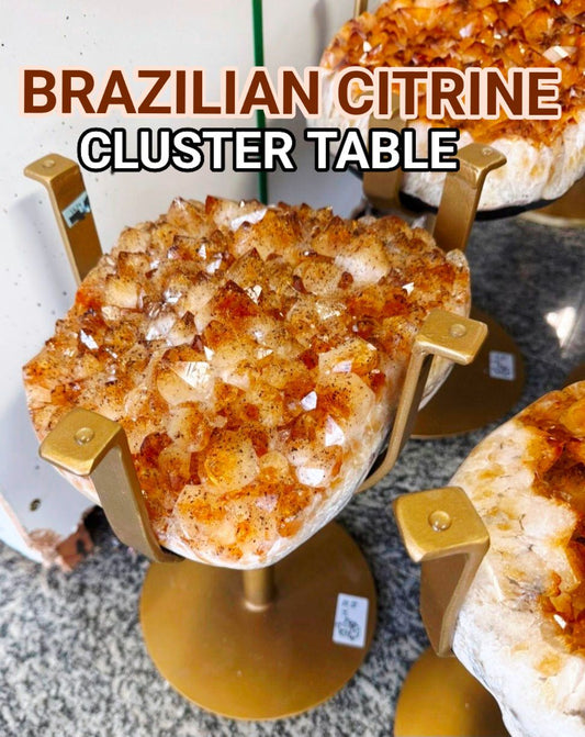 MÅNEDENS UTVALGTE / HIGH QUALITY BRAZILIAN CITRINE ( Heated ) CLUSTER GEODE COFFEE / SOFA SIDE TABLE w/Golden Frame, 14.7KG - 29x21cm, Høyde 45cm