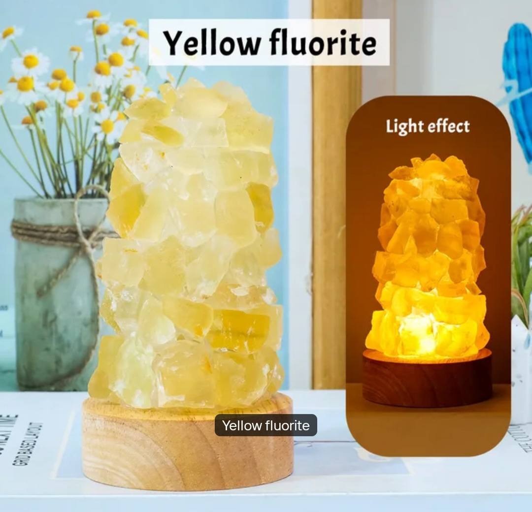 10cm håndlaget Yellow Fluorite Råstens Led lampe på trebase m/usb ledning