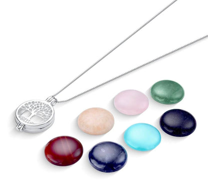 Sterling Silver Round Tree of Life Locket w/ 7 Interchangeable Gemstones Necklace