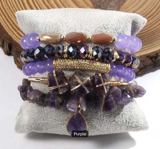 Nye, BoHo Mediterraen 5 rader, fleksible armbånd med druzy Ametyst sten og Decor Design