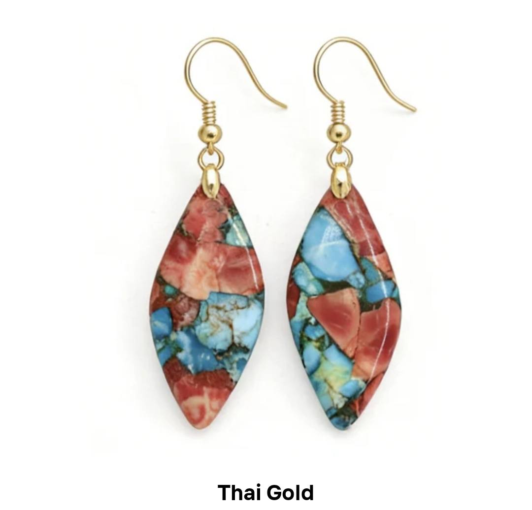 Nye MICCI BOHEMIAN "THAI" DESIGN natural stone Øredobber, 30x20mm 24KGold Electroplated