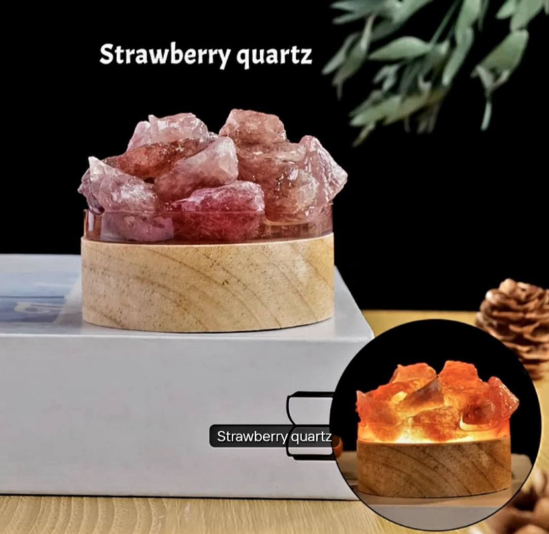 Nye, Led Crystal Nattlamper... Strawberry Raw Cluster Quartz, 7x7cm