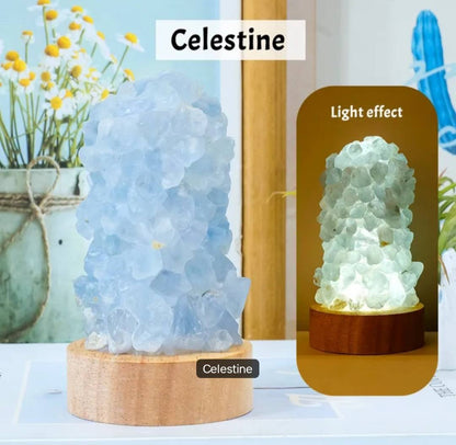 10cm håndlaget Celestite Råstens Led lampe på trebase m/usb ledning