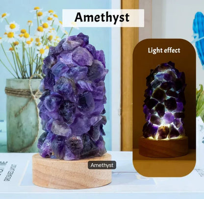 10cm håndlaget Ametyst Råstens Led lampe på trebase m/usb ledning