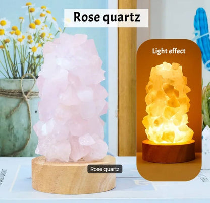 10cm håndlaget Rose Quartz Råstens Led lampe på trebase m/usb ledning