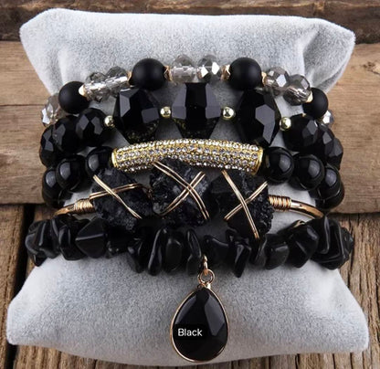 Nye, BoHo Mediterraen 5 rader, fleksible armbånd med druzy Black Agat / Turmaline sten og Decor Design