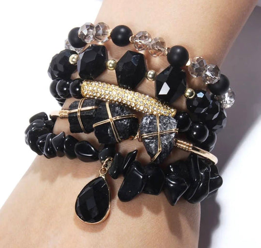 Nye, BoHo Mediterraen 5 rader, fleksible armbånd med druzy Black Agat / Turmaline sten og Decor Design
