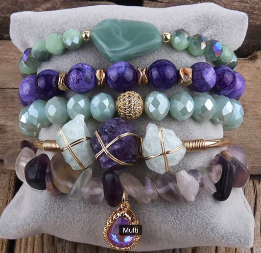 Nye, BoHo Mediterraen 5 rader, fleksible armbånd med druzy mixed quartz sten og decor, Design