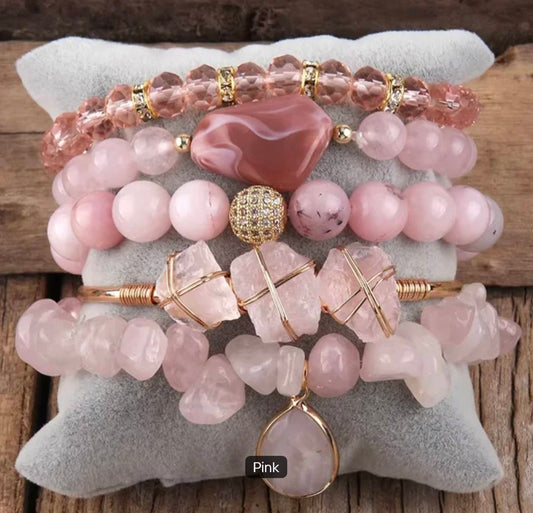 Nye, BoHo Mediterraen 5 rader, fleksible armbånd med druzy ROSE QUARTZ sten og Decor Design
