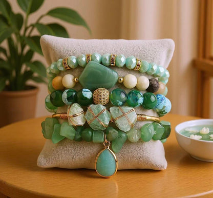 Nye, BoHo Mediterraen 5 rader, fleksible armbånd med druzy Green Agat / Fluorite sten og Decor Design