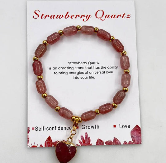 Enkle, fleksible Design Armbånd med naturstener og charms, Strawberry Quartz