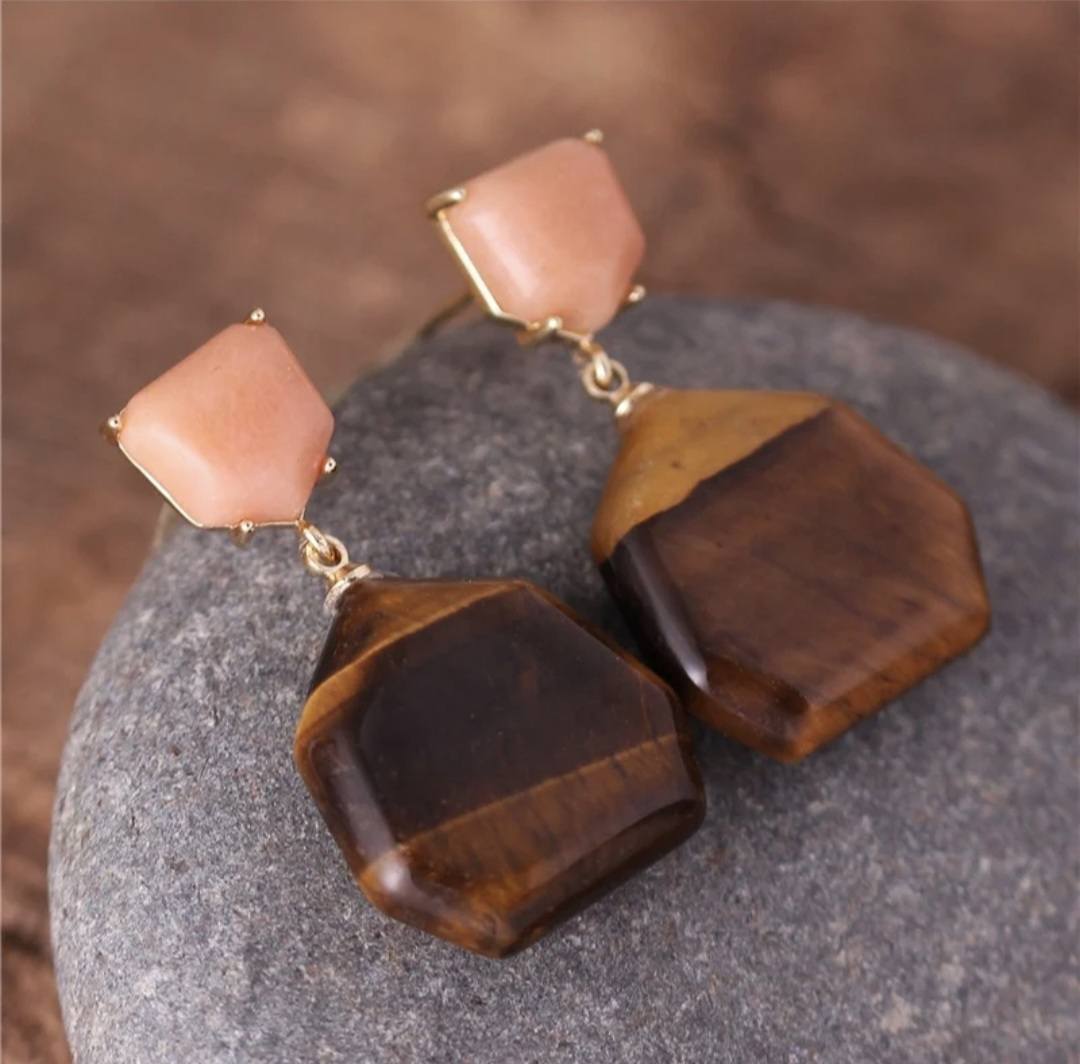 Nye MICCI DESIGN natural Tiger Eye Øredobber, Gold Electroplated